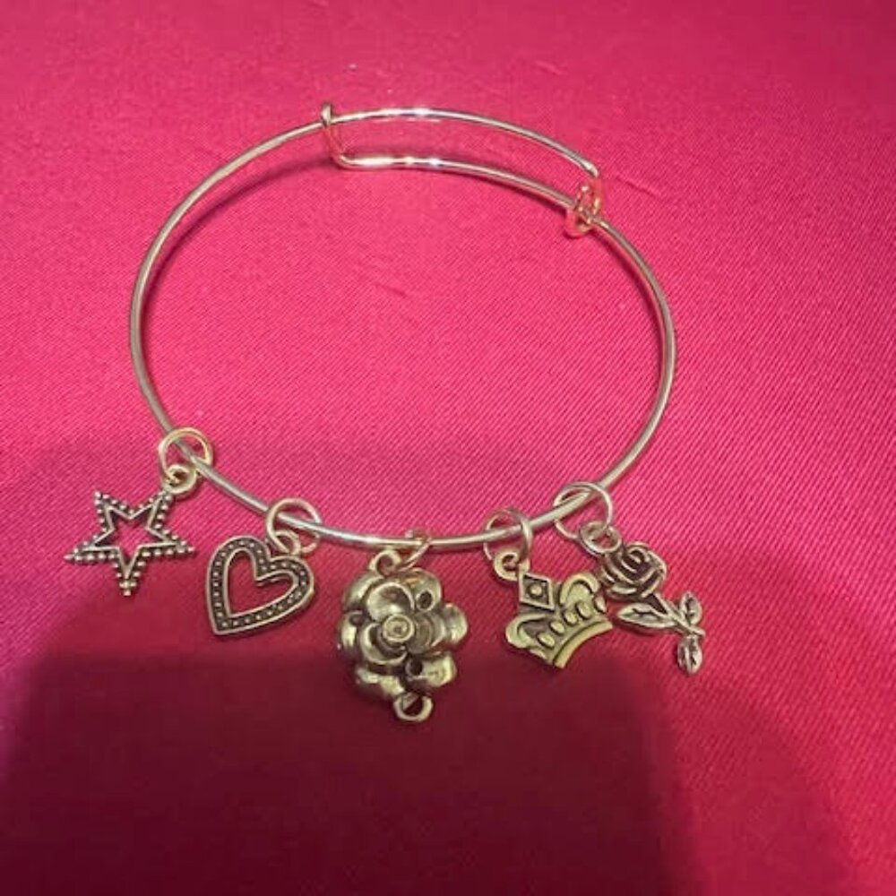 Gold-Tone Charm Bangle Bracelet – Star, Heart, Crown, and Rose Motif